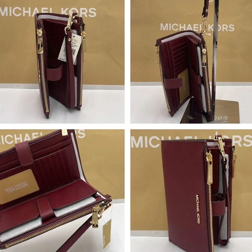 MICHAEL KORS LARGE DOUBLE ZIP WRISTLET WALLET DARK CHERRY COLOR